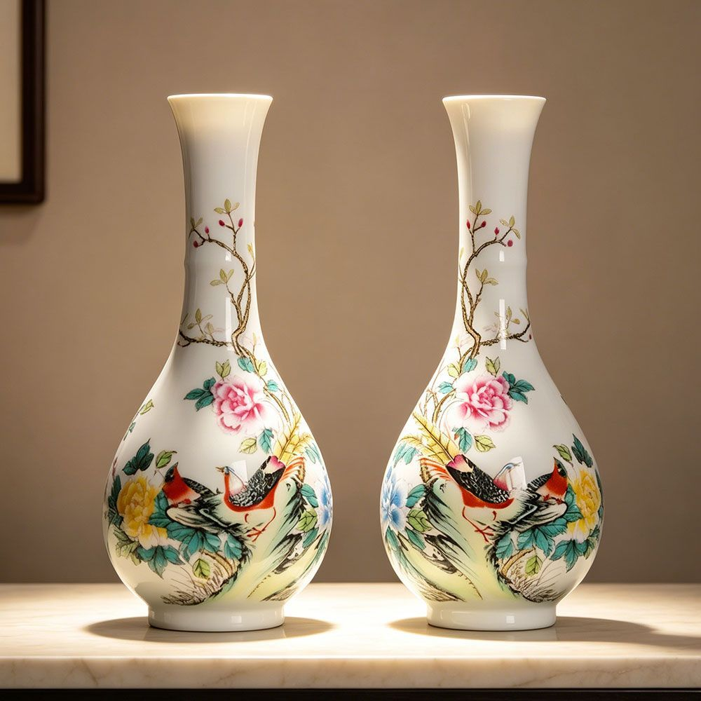 美彩绘花鸟纹陶瓷花瓶