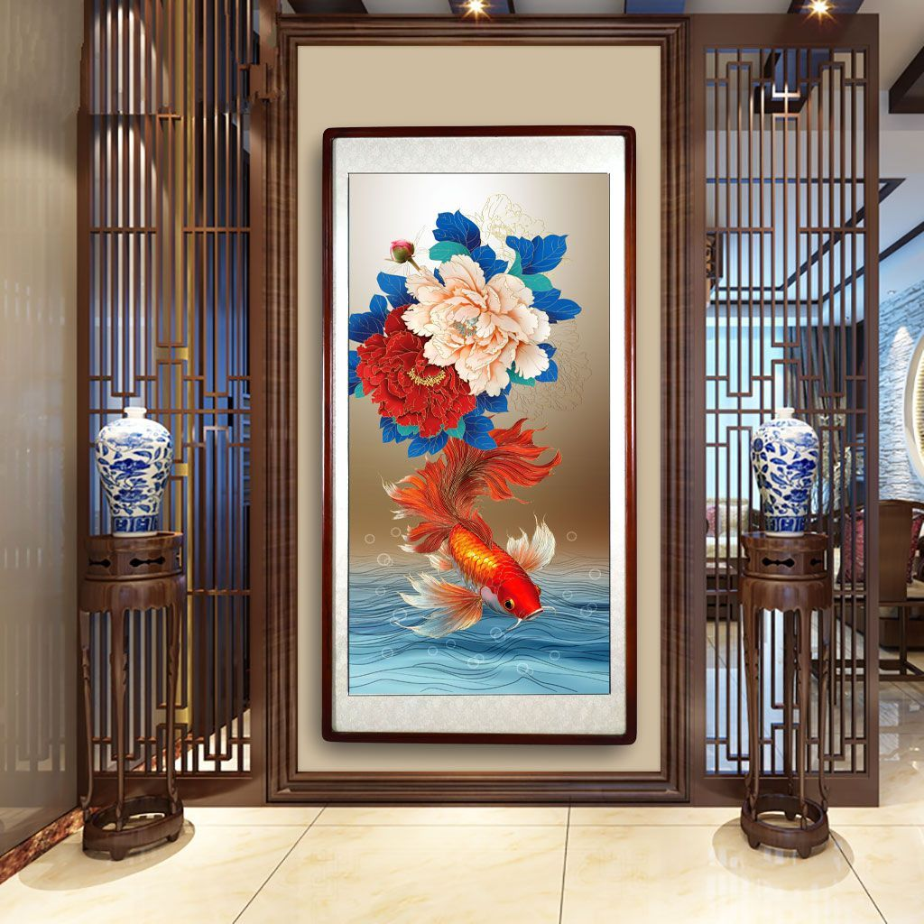 九鱼 荷花壁画新中式玄关入户装饰画